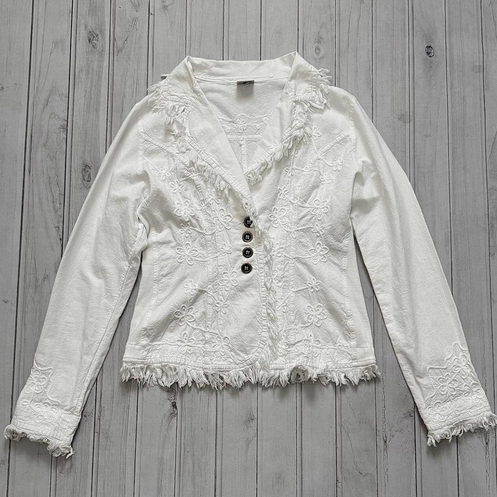 White Embroidered Jean Jacket with Fringe